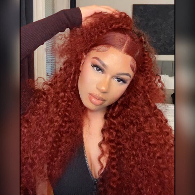 Perruque ondulée brun rougeâtre #33, perruque en cheveux humains auburn cuivré avec dentelle transparente HD