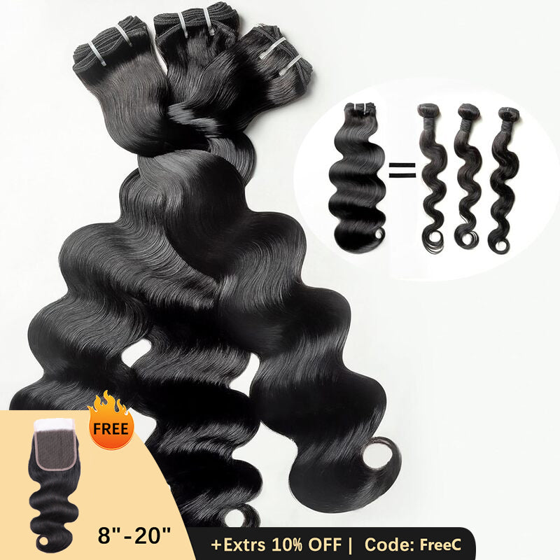 Clearance | 15A Body Wave Double Drawn Raw Hair Bundles, Free 5x5 Lace Closure