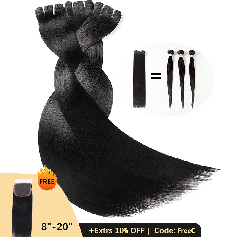 Clearance | 15A Double Drawn Raw Human Hair Bundles, Free 5x5 Closure