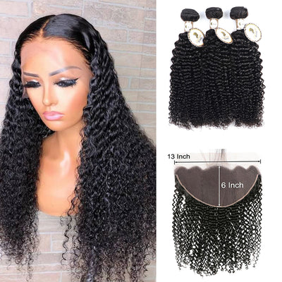 10A Curly Wave Bundles With 13x6 Lace Frontal 100% Virgin Human Hair