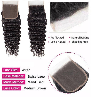 10A Deep Wave 3 Bundles with 4x4 Lace Closure Virgin Human Hair Extension
