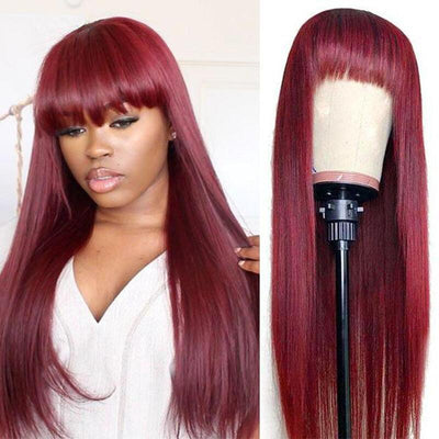 99J Color Machine Made Wig With Bang Straight 100% Virgin Human Hair Wig