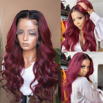 1B/99J Ombre Burgundy Body Wave HD Transparent Lace Wig With Baby Hair