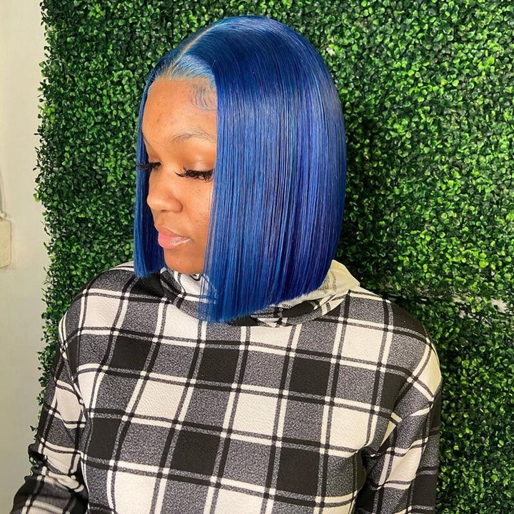 Blue Colored Bob Wig HD Transparent Lace Front Wig 100% Virgin Human Hair