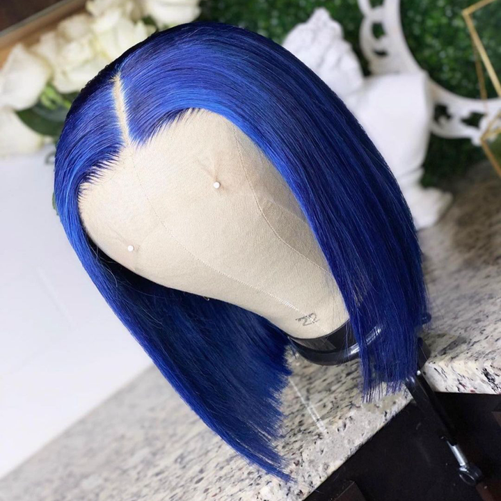 Blue Colored Bob Wig HD Transparent Lace Front Wig 100% Virgin Human Hair