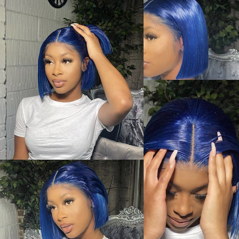 Blue Colored Bob Wig HD Transparent Lace Front Wig 100% Virgin Human Hair