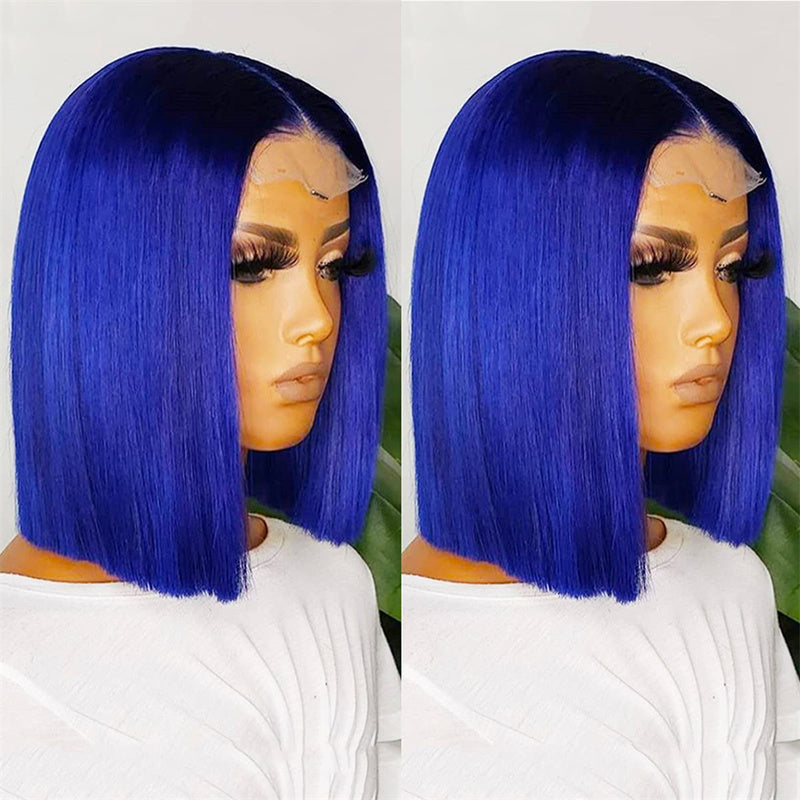 Blue Colored Bob Wig HD Transparent Lace Front Wig 100% Virgin Human Hair
