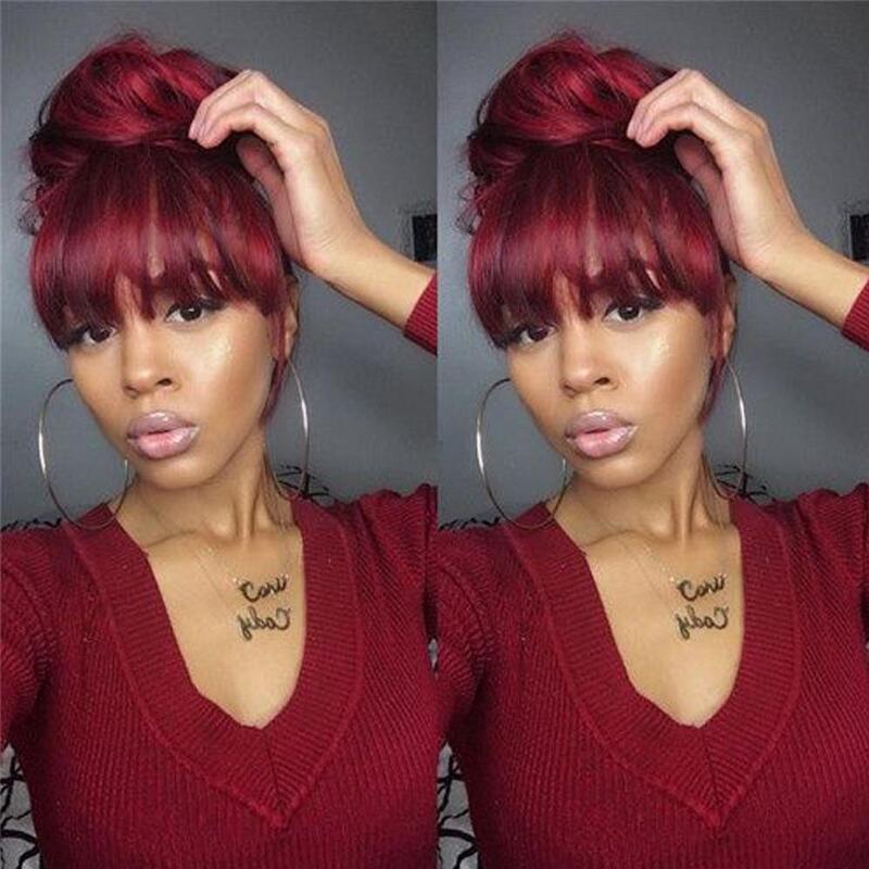 #99J Color Machine Made Wig With Bang Burgundy No Lace Human Hair Wig