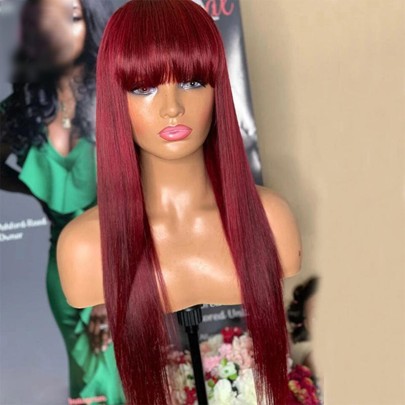 #99J Color Machine Made Wig With Bang Burgundy No Lace Human Hair Wig