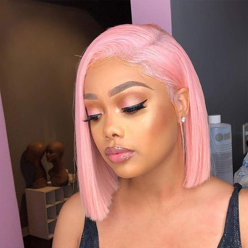 Pink Colored Bob Wig HD Transparent Lace Bob Wig 100%Human Virgin Hair