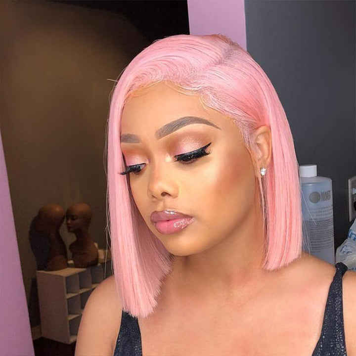 Pink Colored Bob Wig HD Transparent Lace Bob Wig 100%Human Virgin Hair
