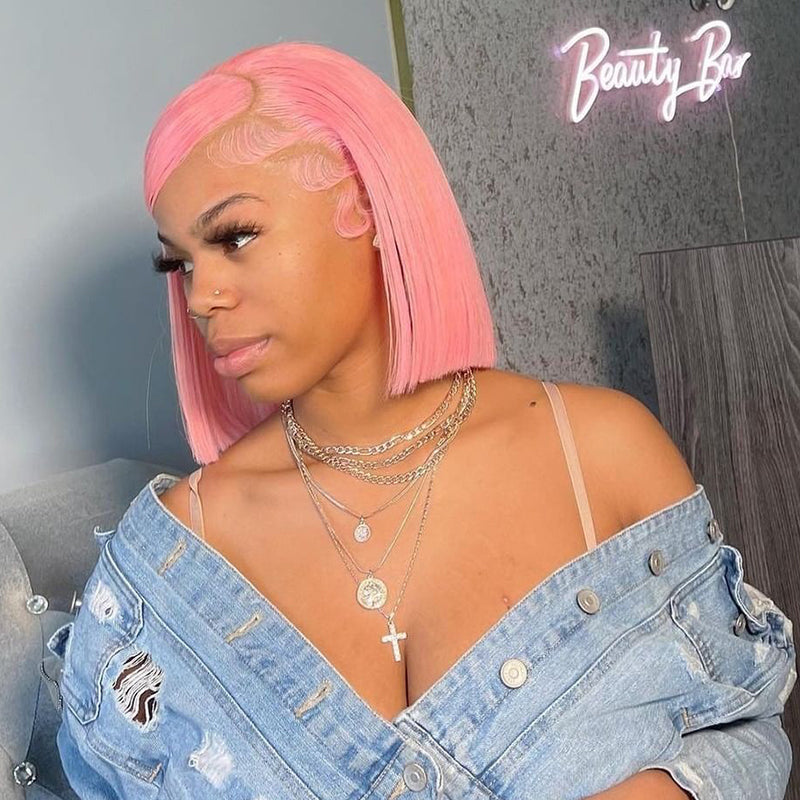 Pink Colored Bob Wig HD Transparent Lace Bob Wig 100%Human Virgin Hair