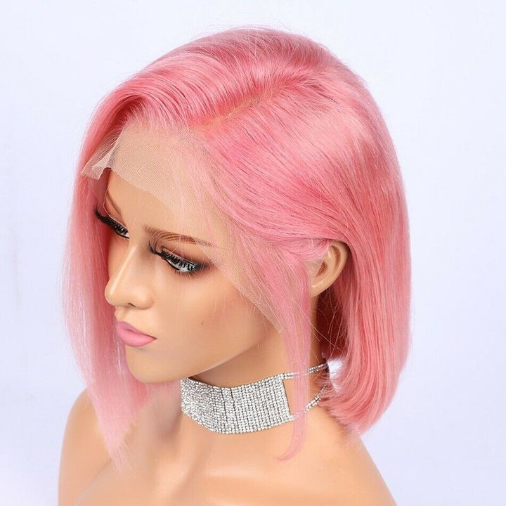 Pink Colored Bob Wig HD Transparent Lace Bob Wig 100%Human Virgin Hair