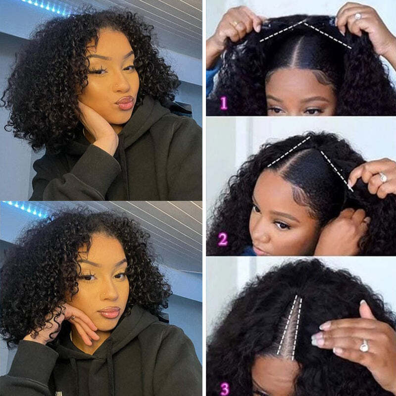 Curly V Part Bob Wig No Leave Out Upgraded U Part Wig 100% Human Hair Wig