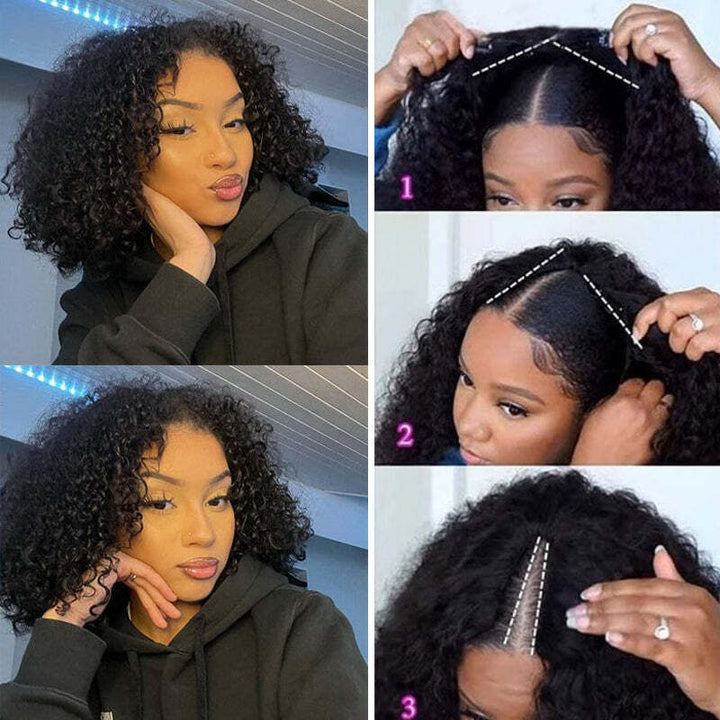 Curly V Part Bob Wig No Leave Out Upgraded U Part Wig 100% Human Hair Wig