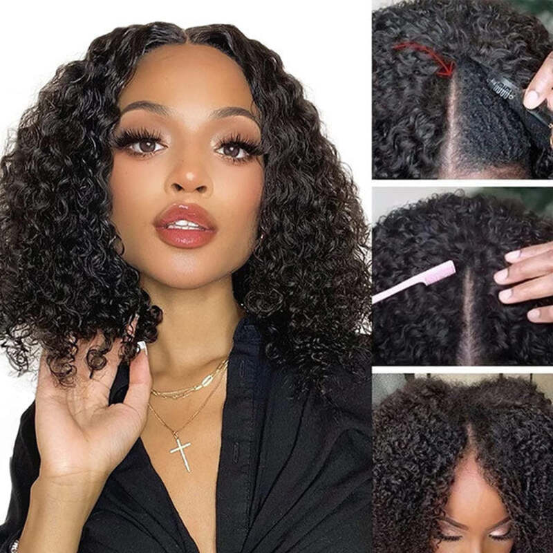 Curly V Part Bob Wig No Leave Out Upgraded U Part Wig 100% Human Hair Wig