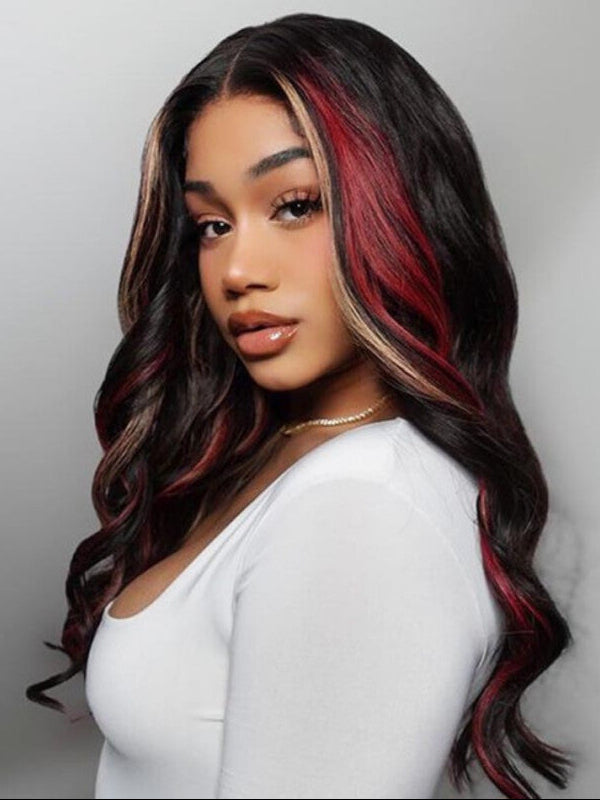 Black Red Ombre Deep Beach Wave Lace Front Wig 24\