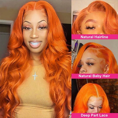 Orange Color Body Wave HD Transparent Lace Frontal Wig 100% Human Virgin Hair 