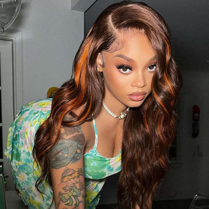 P4/350 Honey Blonde & Orange Streaks Highlight Wigs Body Wave Lace Front Wig CheetahBeauty Colored Wigs