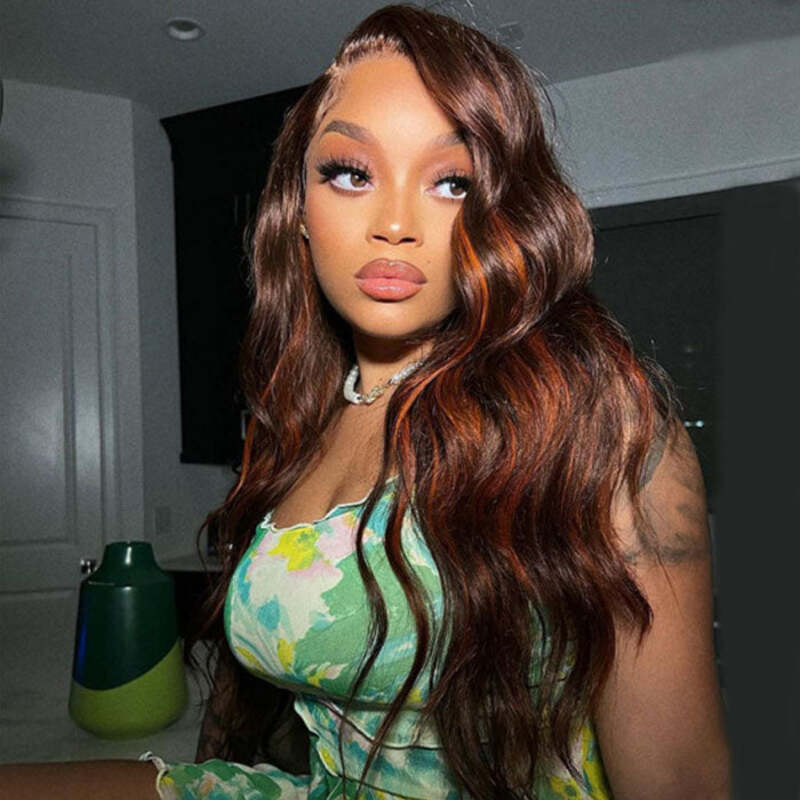 P4/350 Honey Blonde & Orange Streaks Highlight Wigs Body Wave Lace Front Wig CheetahBeauty Colored Wigs