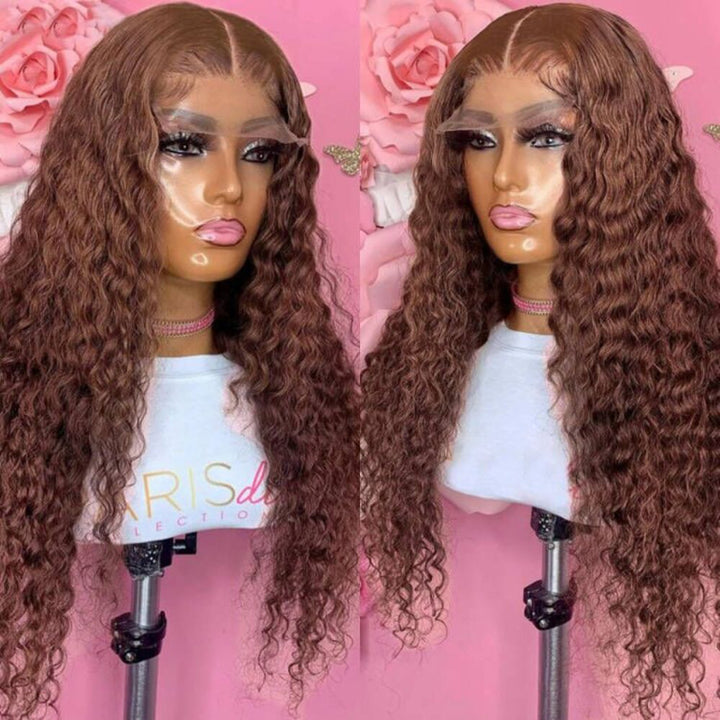 #4 Chocolate Brown Water Wave Wig Transparent Pre-plucked Lace Wig Human Hair