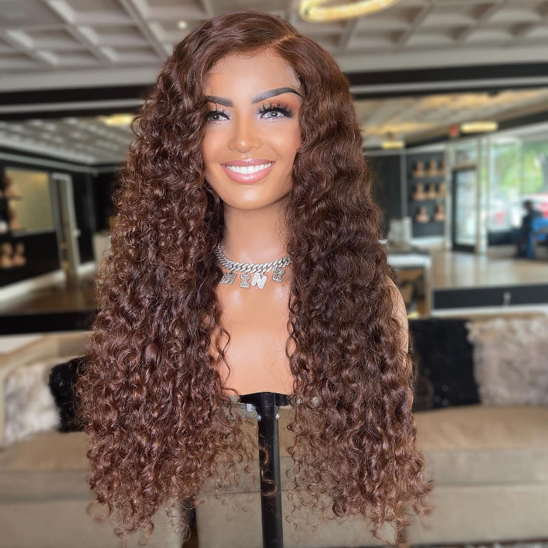 #4 Chocolate Brown Water Wave Wig Transparent Pre-plucked Lace Wig Human Hair