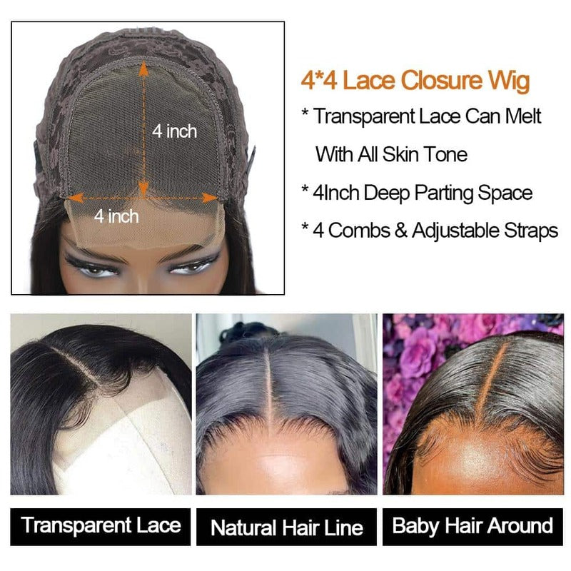 Deep Wave 4x4 HD Transparent Lace Closure Wig 100% Virgin Human Hair