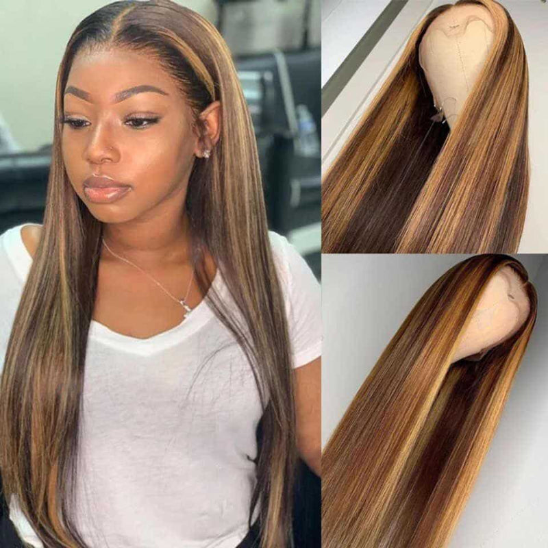 #4/27 Highlight Straight Transparent Lace Frontal Wig Virgin Human Hair