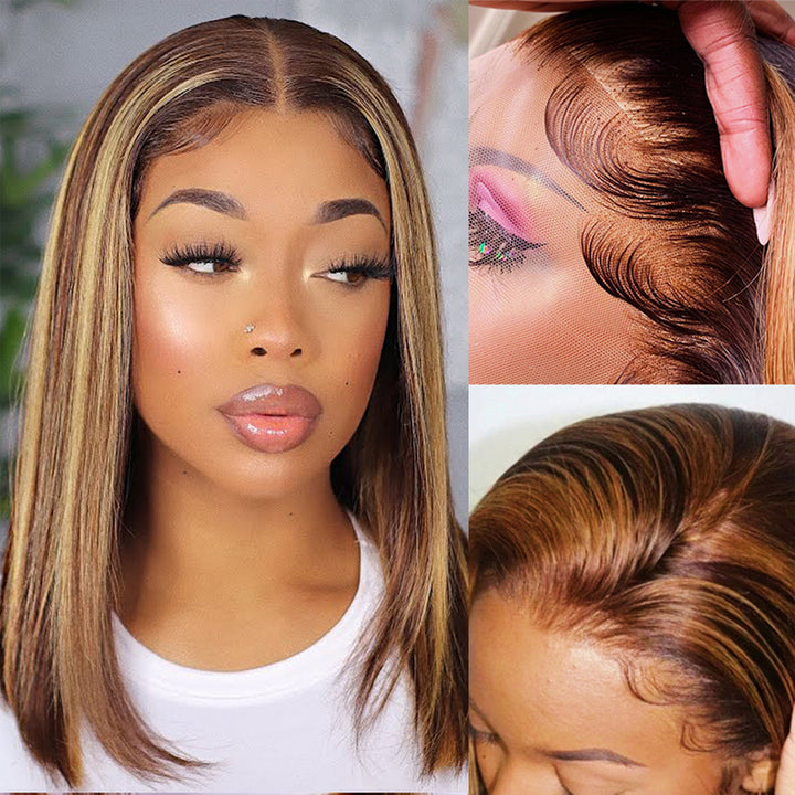 Straight P4/27 Highlight Colored Bob Wig HD Transparent Lace Frontal Wig