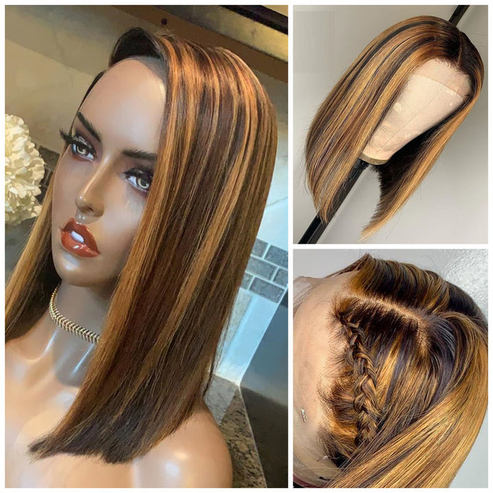 Straight P4/27 Highlight Colored Bob Wig HD Transparent Lace Frontal Wig