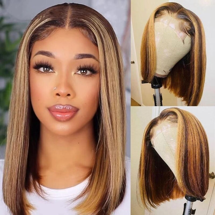 Straight P4/27 Highlight Colored Bob Wig HD Transparent Lace Frontal Wig
