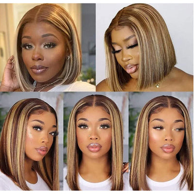 Straight P4/27 Highlight Colored Bob Wig HD Transparent Lace Frontal Wig 