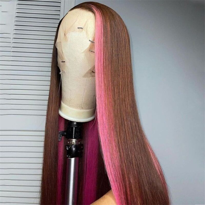 Strawberry Pink & Chocolate Skunk Stripe Color Wig CheetahBeauty Lace Frontal Human Hair Wigs