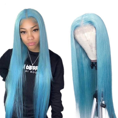 Light Blue Straight HD Transparent Lace Wig 100% Virgin Human Hair
