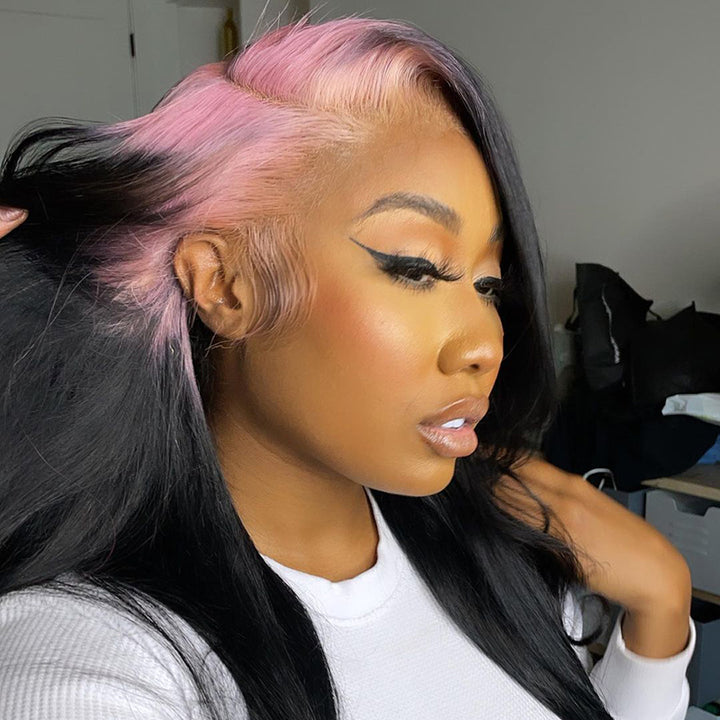 Light Pink Sparkle Roots & Black Hair Body Wave Lace Front Wig 100% Virgin Human Hair