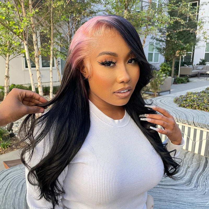 Light Pink Sparkle Roots & Black Hair Body Wave Lace Front Wig 100% Virgin Human Hair