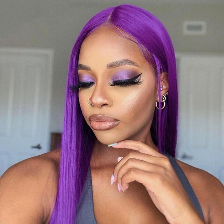 Purple Colored HD Transparent Lace Frontal Wig 100% Human Virgin Hair