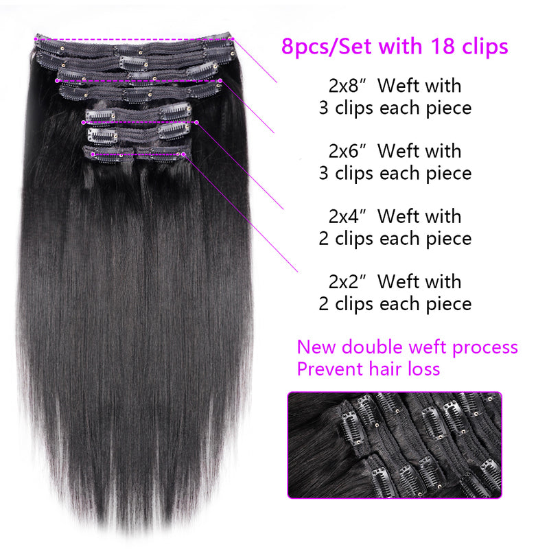 Yaki Straight Clip In Hair Extensions For Black Women Remy Human Hair 8 Pieces With 18 Clips