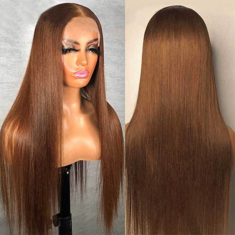 #6 Light Brown Colored Straight Transparent Lace Wig 100% Human Hair