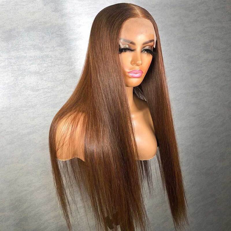 #6 Light Brown Colored Straight Transparent Lace Wig 100% Human Hair