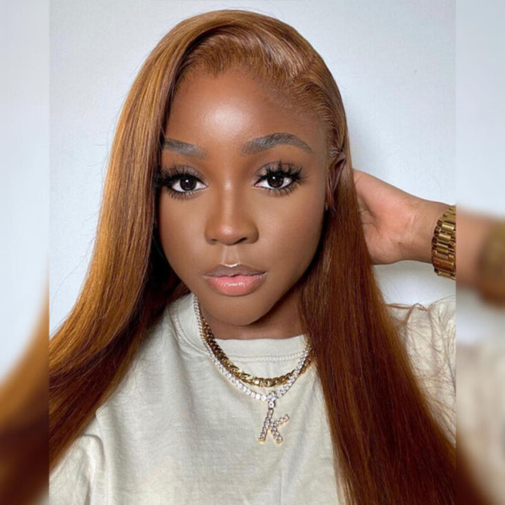 #6 Light Brown Colored Straight Transparent Lace Wig 100% Human Hair