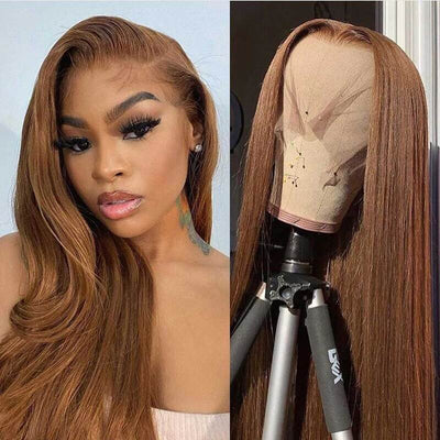 #6 Light Brown Colored Straight Transparent Lace Wig 100% Human Hair