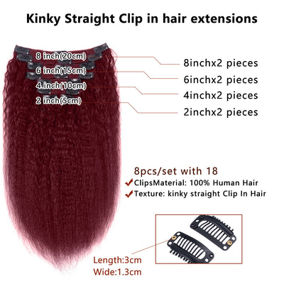 #99J Burgundy Colored Kinky Straight Clip In Hair Extensions For Black Women Remy Human Hair 8 Pieces With 18 Clips