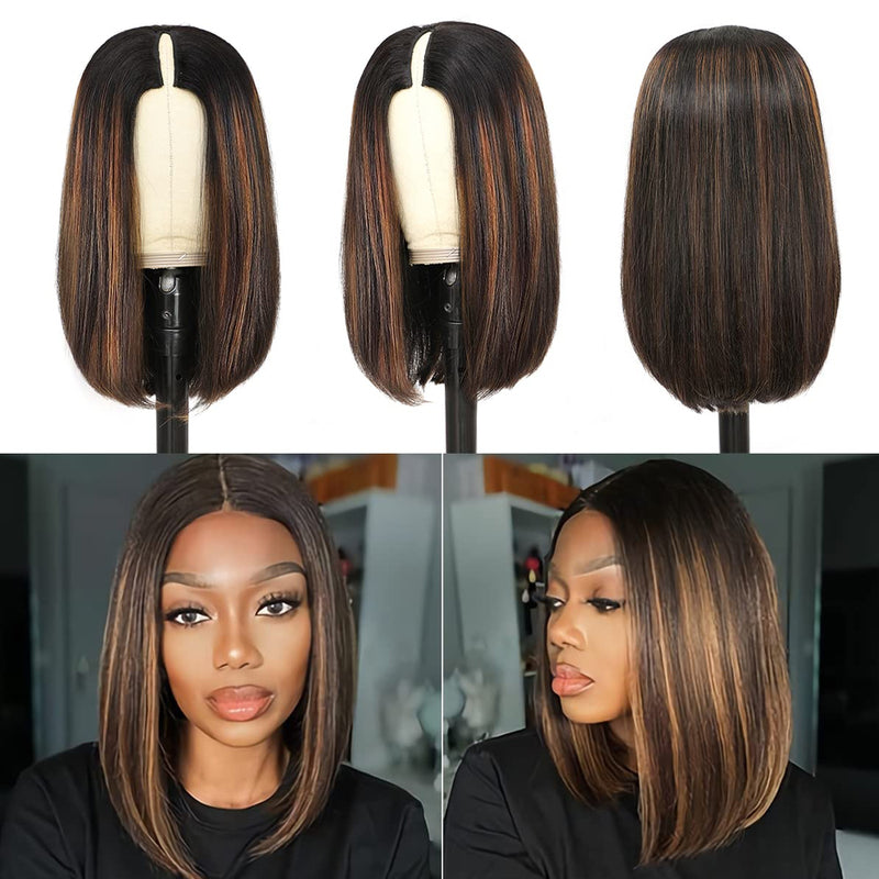 Straight #FB30 Highlight Colored V Part Bob No Leave Out Ombre U Part Bob Wig