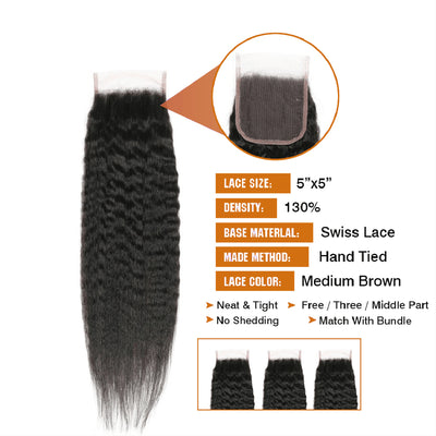 Kinky Straight Bundles With 5x5 Lace Closure 10A Human Hair Extensions