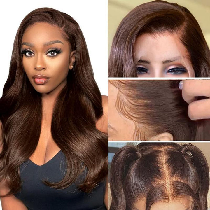 #2 Chocolate Brown Body Wave HD Transparent Lace Wig 100% Virgin Human Hair
