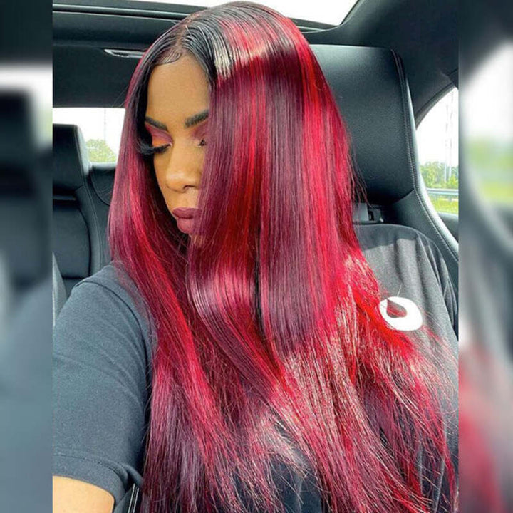 Dark Burgundy With Red Highlights Balayage Lace Front Wigs Human Hair Wigs
