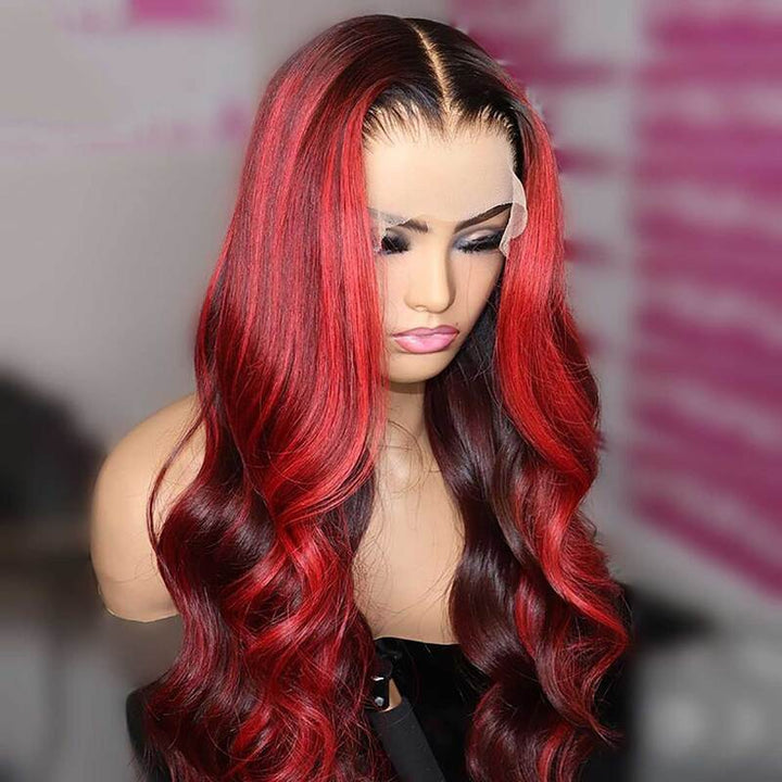 Dark Burgundy With Red Highlights Balayage Lace Front Wigs Human Hair Wigs