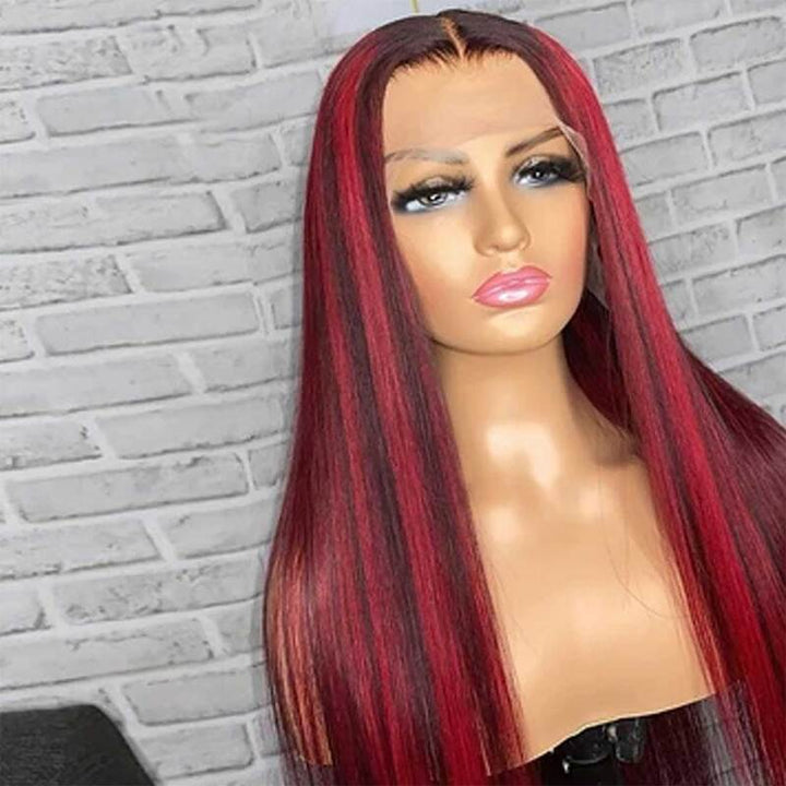 Dark Burgundy With Red Highlights Balayage Lace Front Wigs Human Hair Wigs