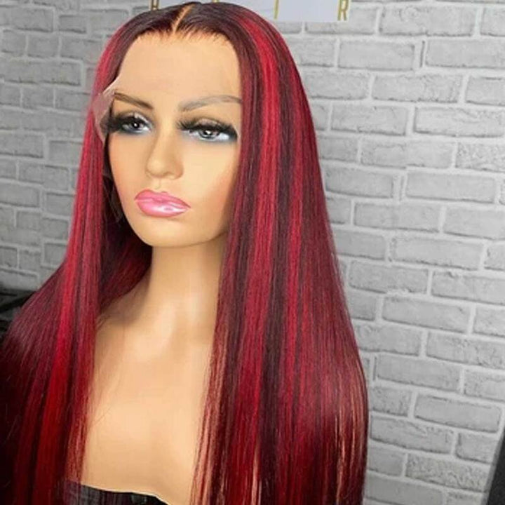 Dark Burgundy With Red Highlights Balayage Lace Front Wigs Human Hair Wigs